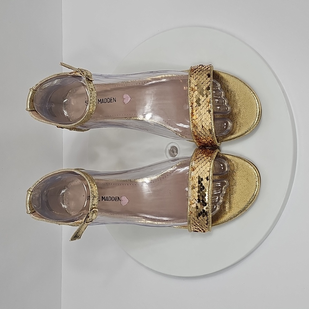 Steve Madden Carrson Sequin Block Heel Sandals 6 Gold Ankle Strap Formal Dress - Picture 5 of 14